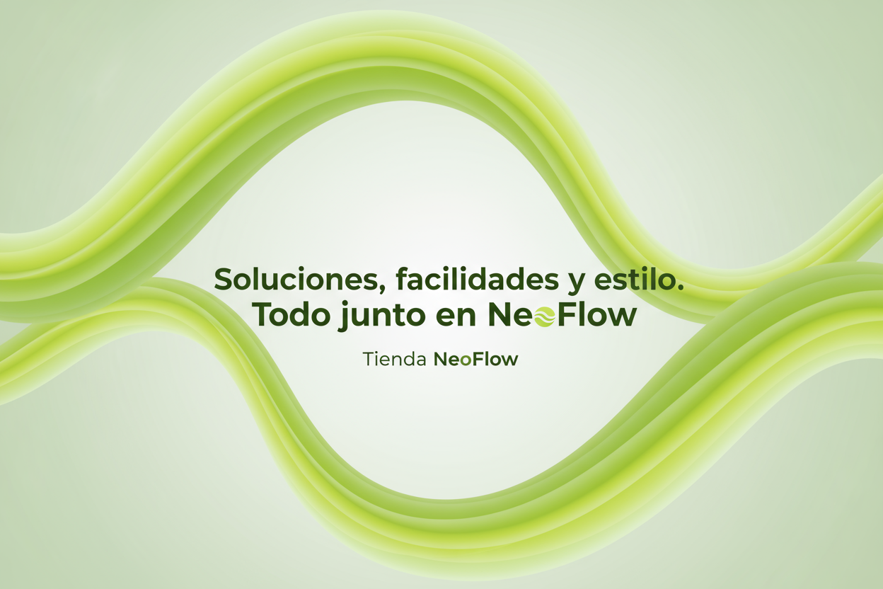 Reemplaza el texto por "Soluciones, facilidades y estilo. Todo junto en NeoFlow" y los colores por verde claro un poco alimonado